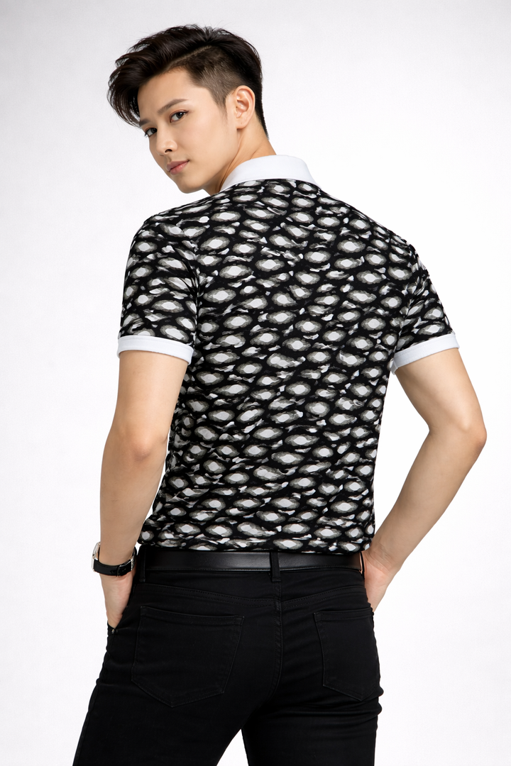 Black & White Golf Polo Shirt – Abstract Ball Pattern All Over Print