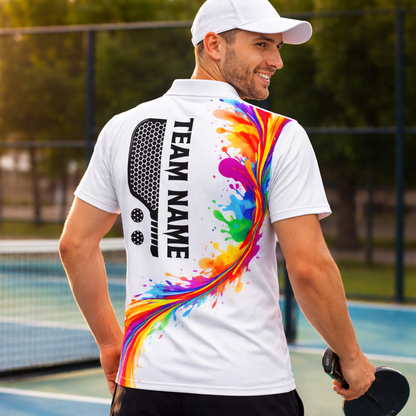 Colorful Splash Pickleball Polo Shirt Men Custom Name Team Paddle Art White Personalized