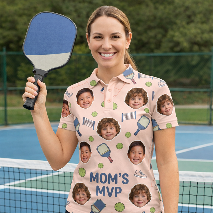 Mom's MVP Pickleball Custom Face Peach Polo Shirt