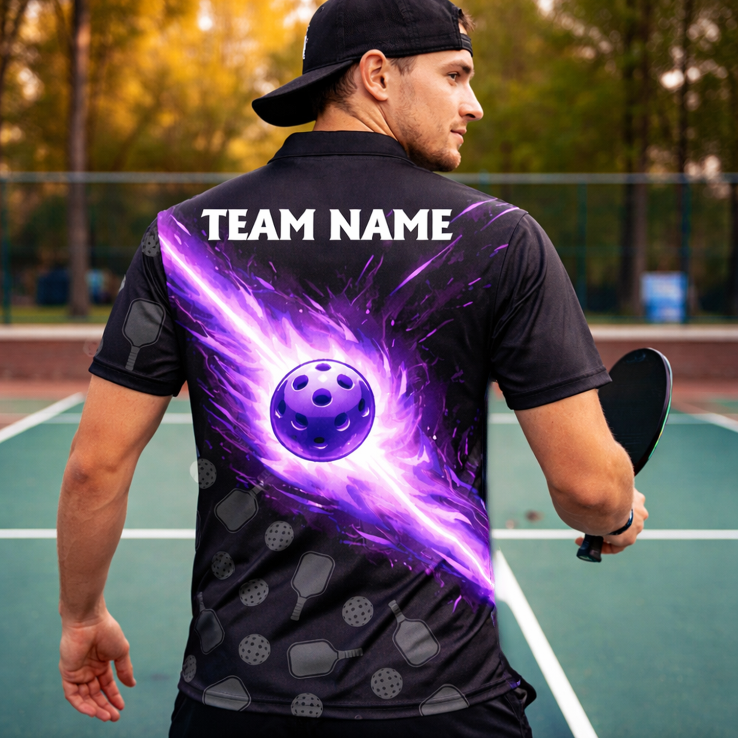 Personalized Pickleball Polo Shirt Purple Fire Ball Custom Team Name Performance Shirt All Over Print