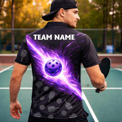 Personalized Pickleball Polo Shirt Purple Fire Ball Custom Team Name Performance Shirt All Over Print