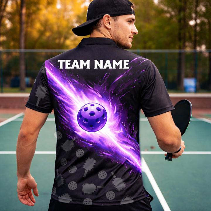 Personalized Pickleball Polo Shirt Purple Fire Ball Custom Team Name Performance Shirt All Over Print