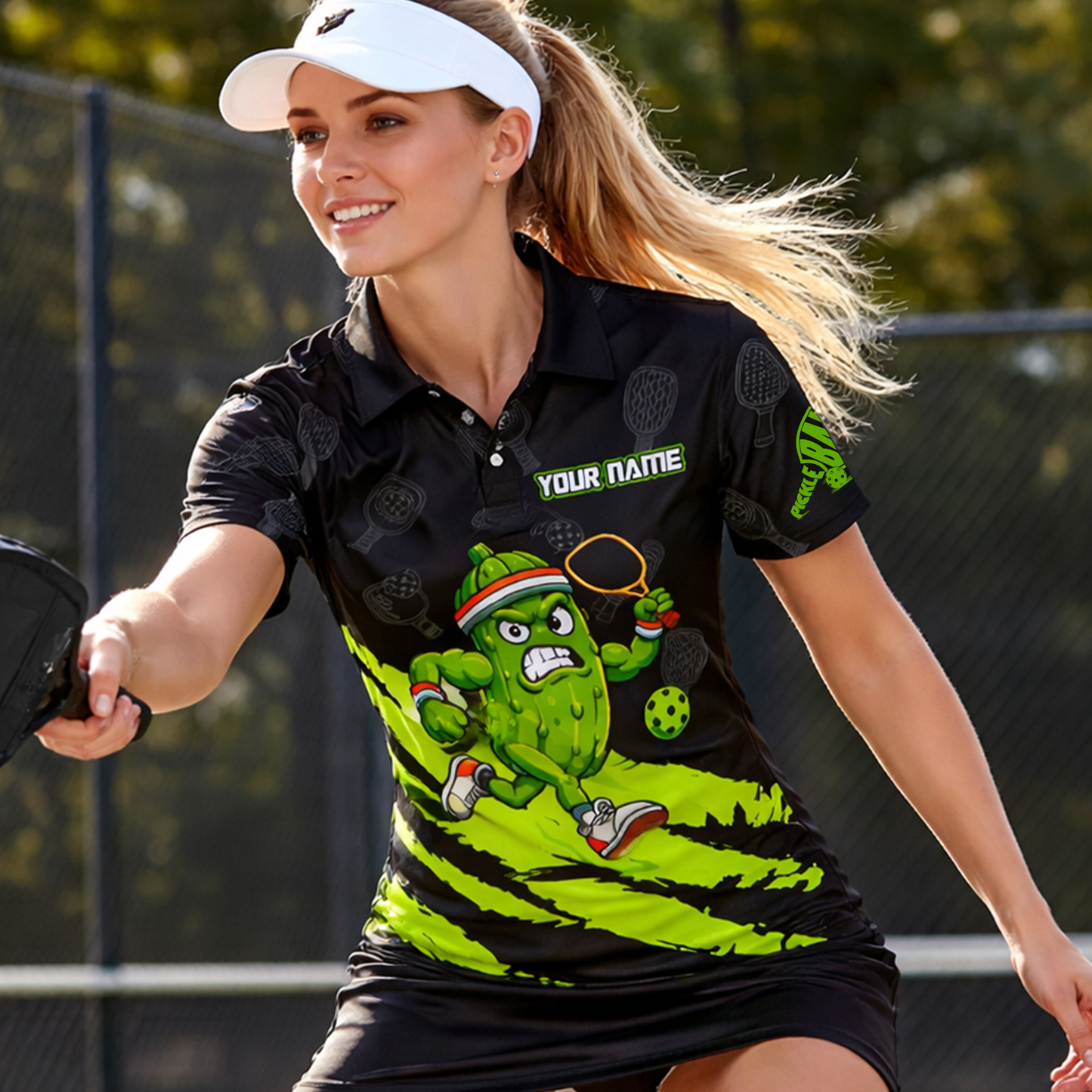 Pickleball Polo Shirt Funny Pickle Player Cartoon Custom Team Name Black Green Sport Design Unisex