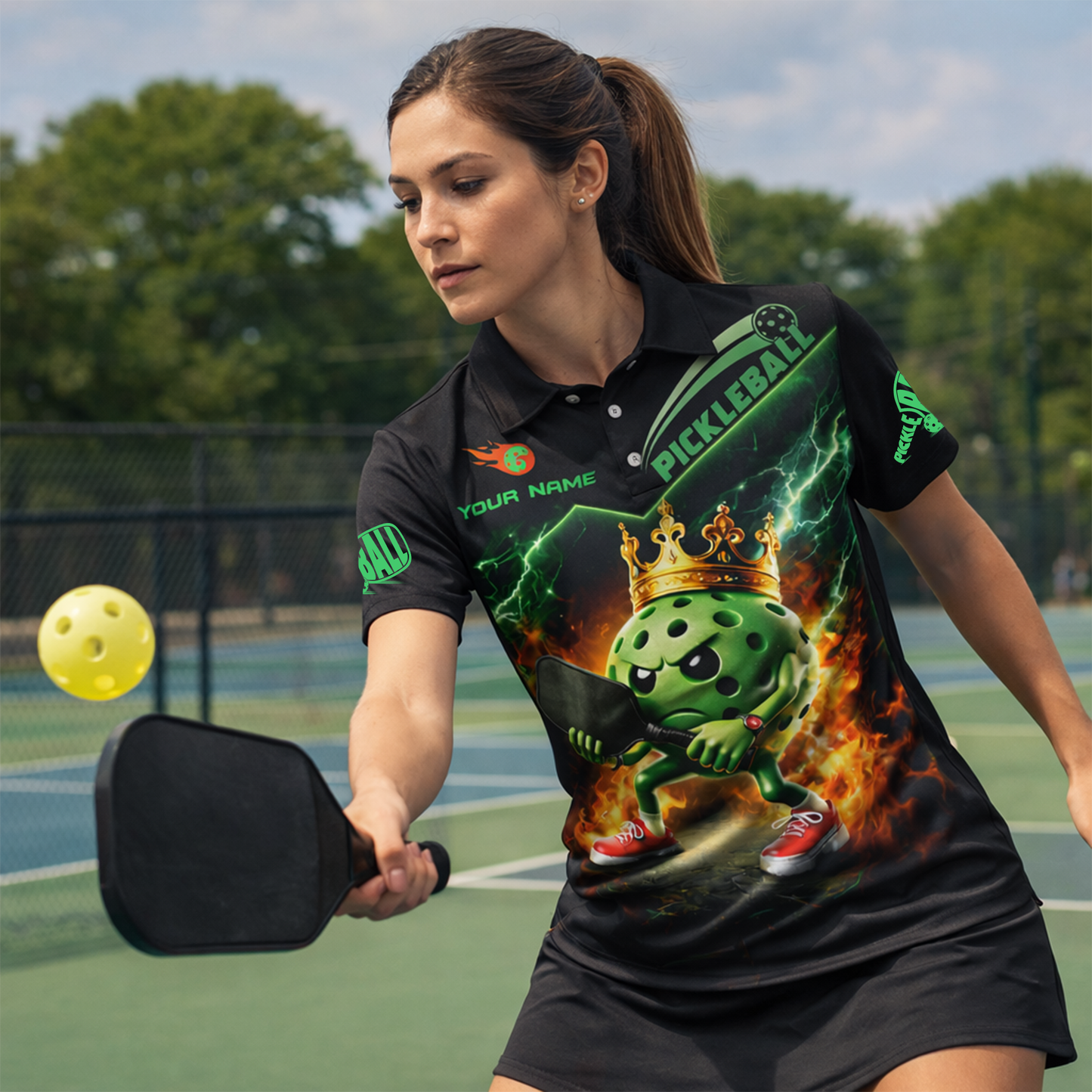 Pickleball Polo Shirt Crown King Pickleball Ball Fire Lightning Custom Name Performance Shirt