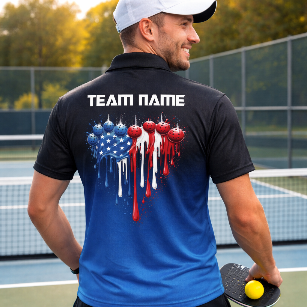 Men's Patriotic Pickleball Polo Shirt Personalized Team Name American Flag Pickleball Balls Custom Short Sleeve Golf Polo Black Blue Gradient