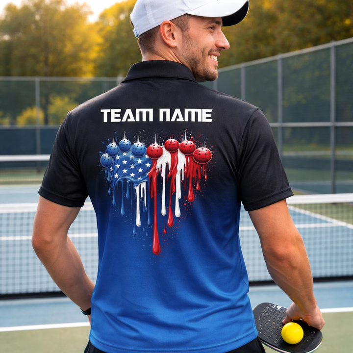 Men's Patriotic Pickleball Polo Shirt Personalized Team Name American Flag Pickleball Balls Custom Short Sleeve Golf Polo Black Blue Gradient