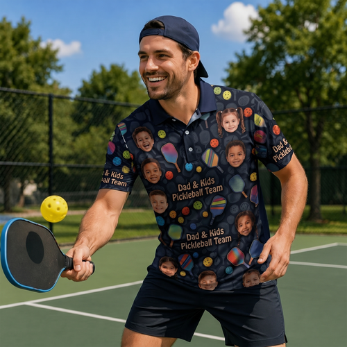Dad & Kids Pickleball Team Custom Photo Polo Navy