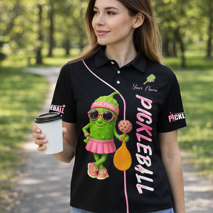 Women Pickleball Polo Shirt Cute Pickle Character Pink Style Custom Name Breathable Performance Polo