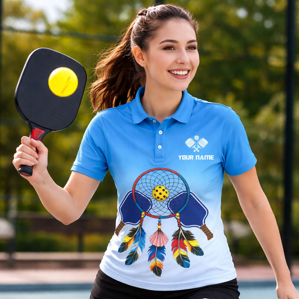 Custom Pickleball Polo Shirt Personalized Name Dreamcatcher Paddle Team Shirt Blue Gradient Performance Polo