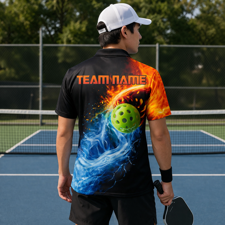Men's Pickleball Polo Shirt Custom Name Team Fire Water