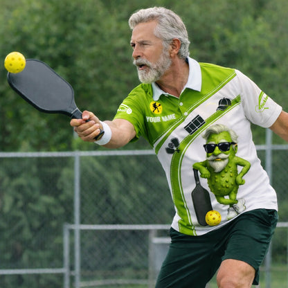 Funny Pickleball Polo Shirt Custom Name Cool Pickle Character Green White