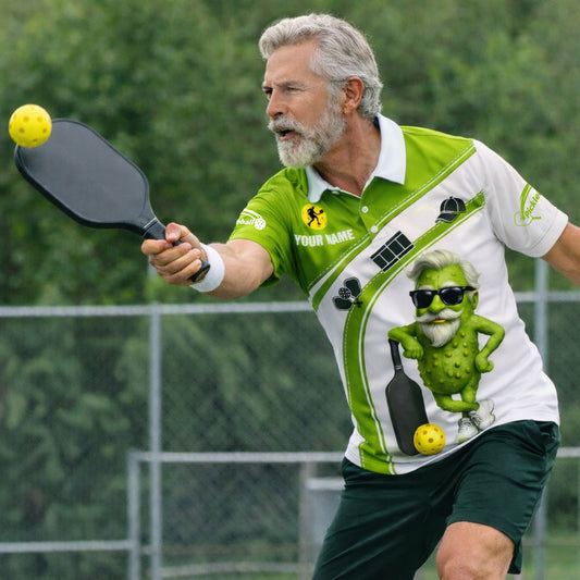 Funny Pickleball Polo Shirt Custom Name Cool Pickle Character Green White