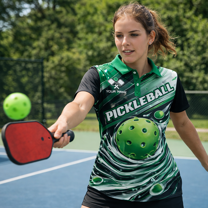 Pickleball Polo Shirt Custom Name Green Dynamic Ball Splash Design Unisex Sports Shirt