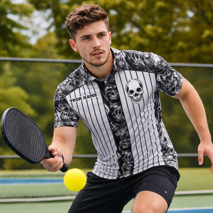 Skull Pickleball Polo Shirt Black White Personalized Name Team Shirt Performance Sports Polo Unisex