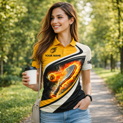 Custom Pickleball Polo Shirt Flaming Paddle Design Personalized Name Performance Sports Shirt Black Gold