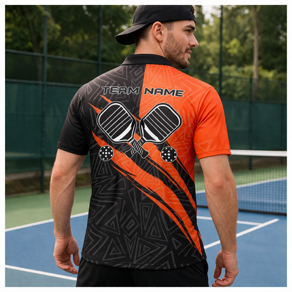 Custom Pickleball Polo Shirt Black Orange Performance Team Name Personalized Unisex Sports Polo