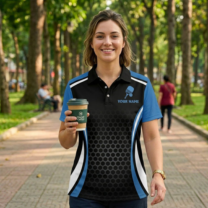 Custom Pickleball Polo Shirt Personalized Team Name Performance Black Blue Shirt Unisex
