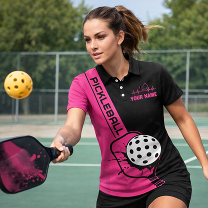 Personalized Pickleball Polo Shirt Women Pink Black Sport Shirt Custom Name Breathable Performance Top