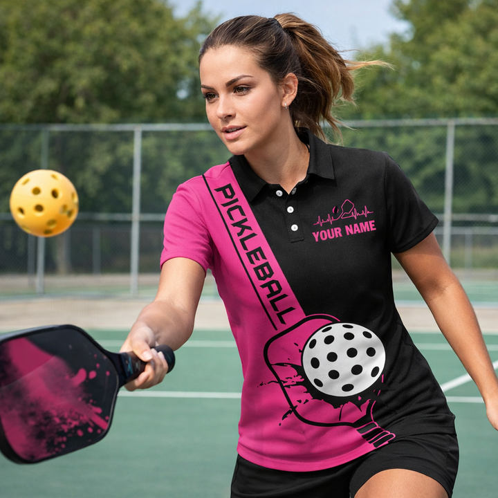 Personalized Pickleball Polo Shirt Women Pink Black Sport Shirt Custom Name Breathable Performance Top