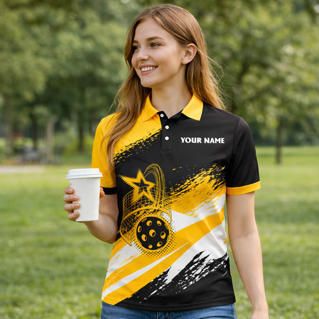 Personalized Pickleball Polo Shirt Custom Name Team Sport Black Yellow Performance Shirt