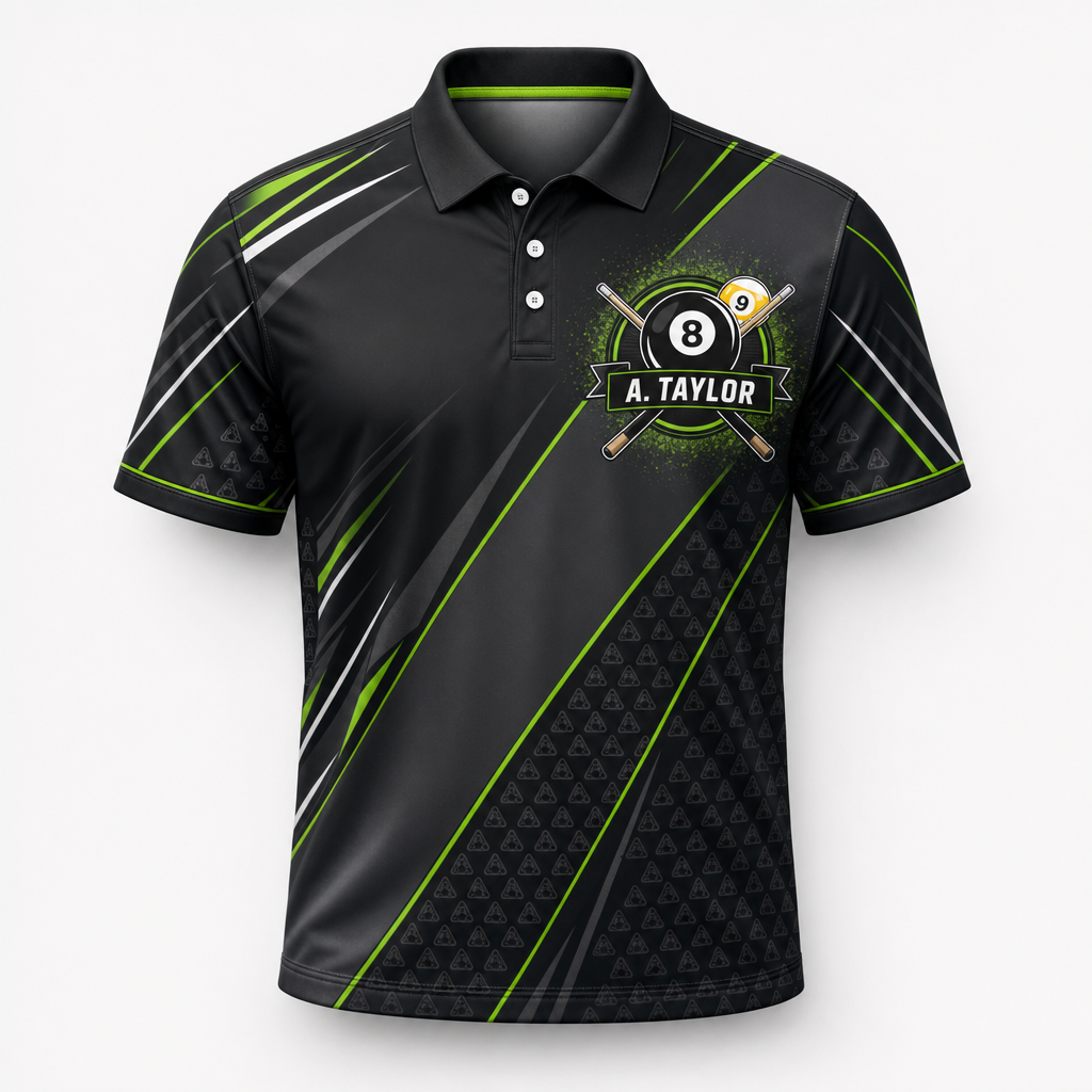 Custom Billiards Team AOP Polo — Name & Team - Hero