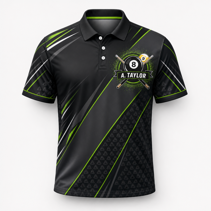 Custom Billiards Team AOP Polo — Name & Team - Hero