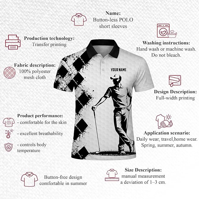 Pickit Custom Name Golf Polo Shirt Black White