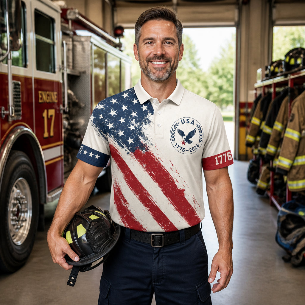 USA 1776–2026 Patriotic AOP Polo - Lifestyle 1