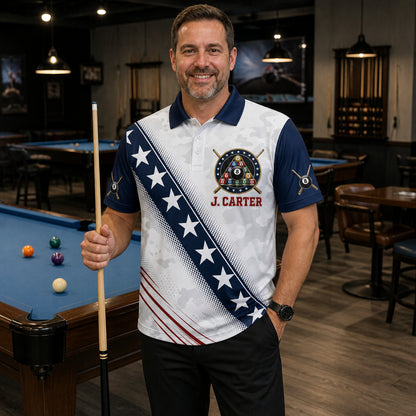 Patriotic Billiards Team AOP Polo – Custom Name & Team - Lifestyle 2
