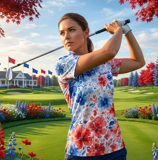 Red, White & Blue Watercolor Floral Name Polo - Personalized Name All Over Print