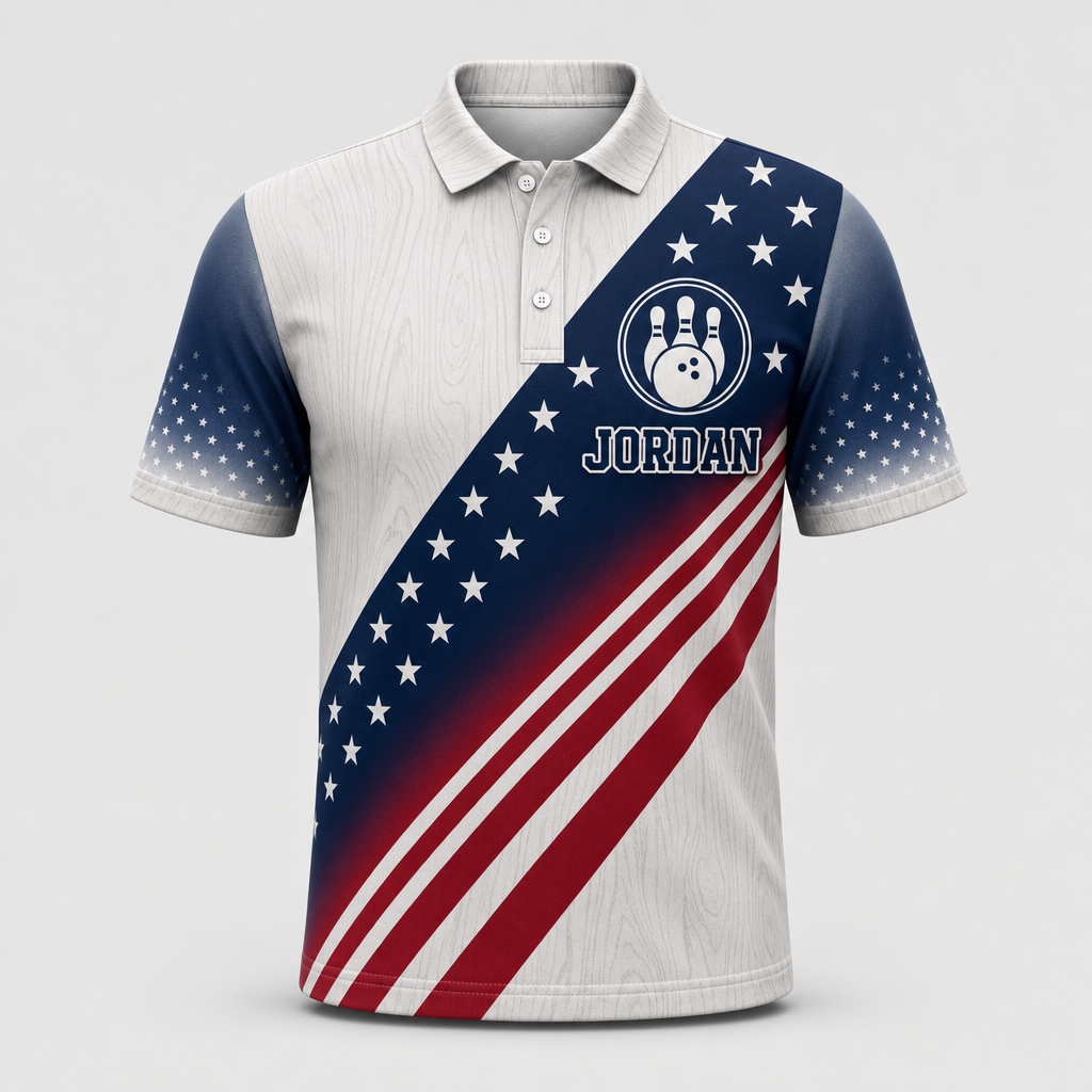 Custom Bowling Team Polo – Patriotic Varsity Crest - Hero