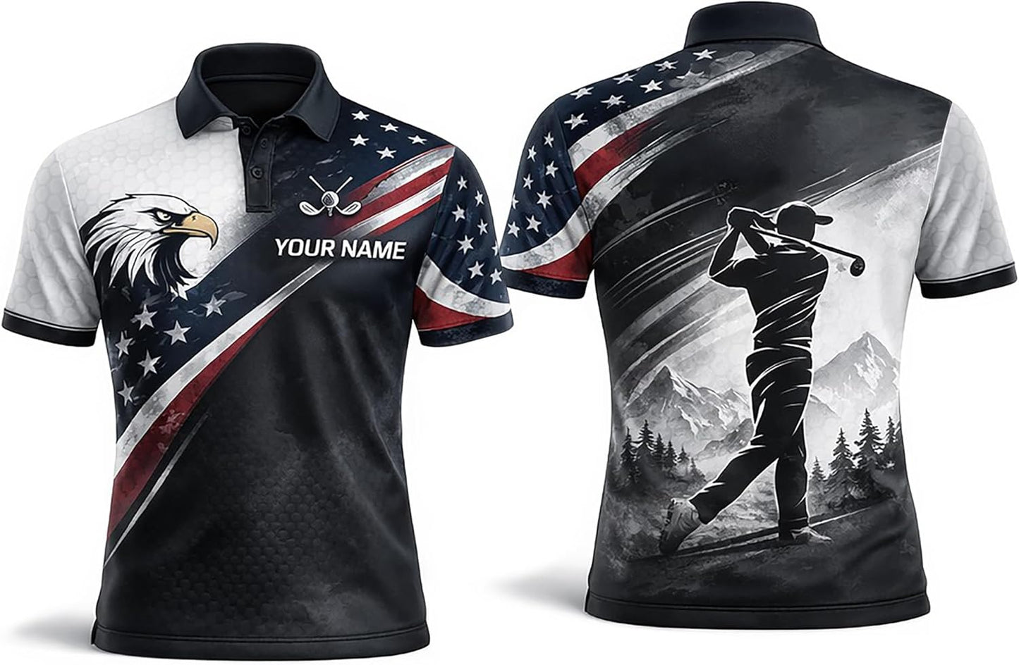 American Flag Golf Polo Shirt Eagle Patriotic Custom Name Golf Shirt Performance Polo for Men