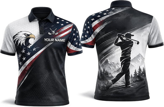 American Flag Golf Polo Shirt Eagle Patriotic Custom Name Golf Shirt Performance Polo for Men