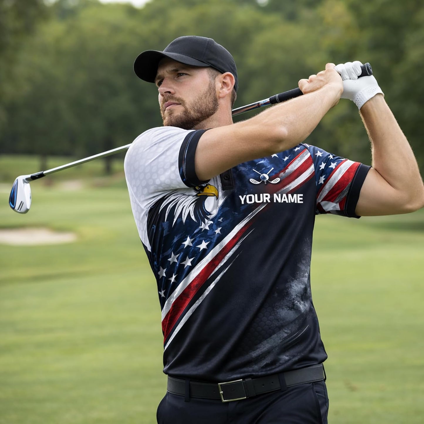 American Flag Golf Polo Shirt Eagle Patriotic Custom Name Golf Shirt Performance Polo for Men