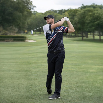 American Flag Golf Polo Shirt Eagle Patriotic Custom Name Golf Shirt Performance Polo for Men