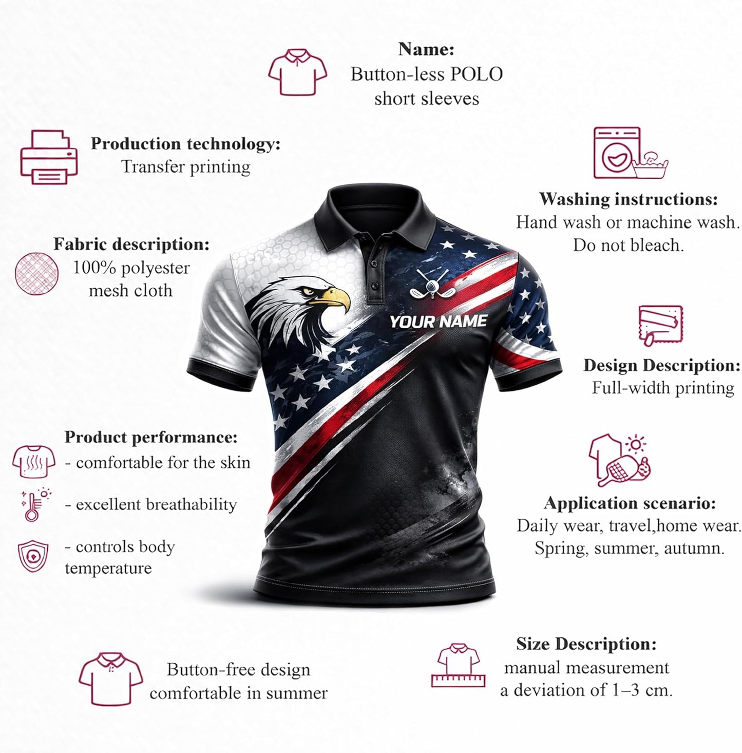American Flag Golf Polo Shirt Eagle Patriotic Custom Name Golf Shirt Performance Polo for Men