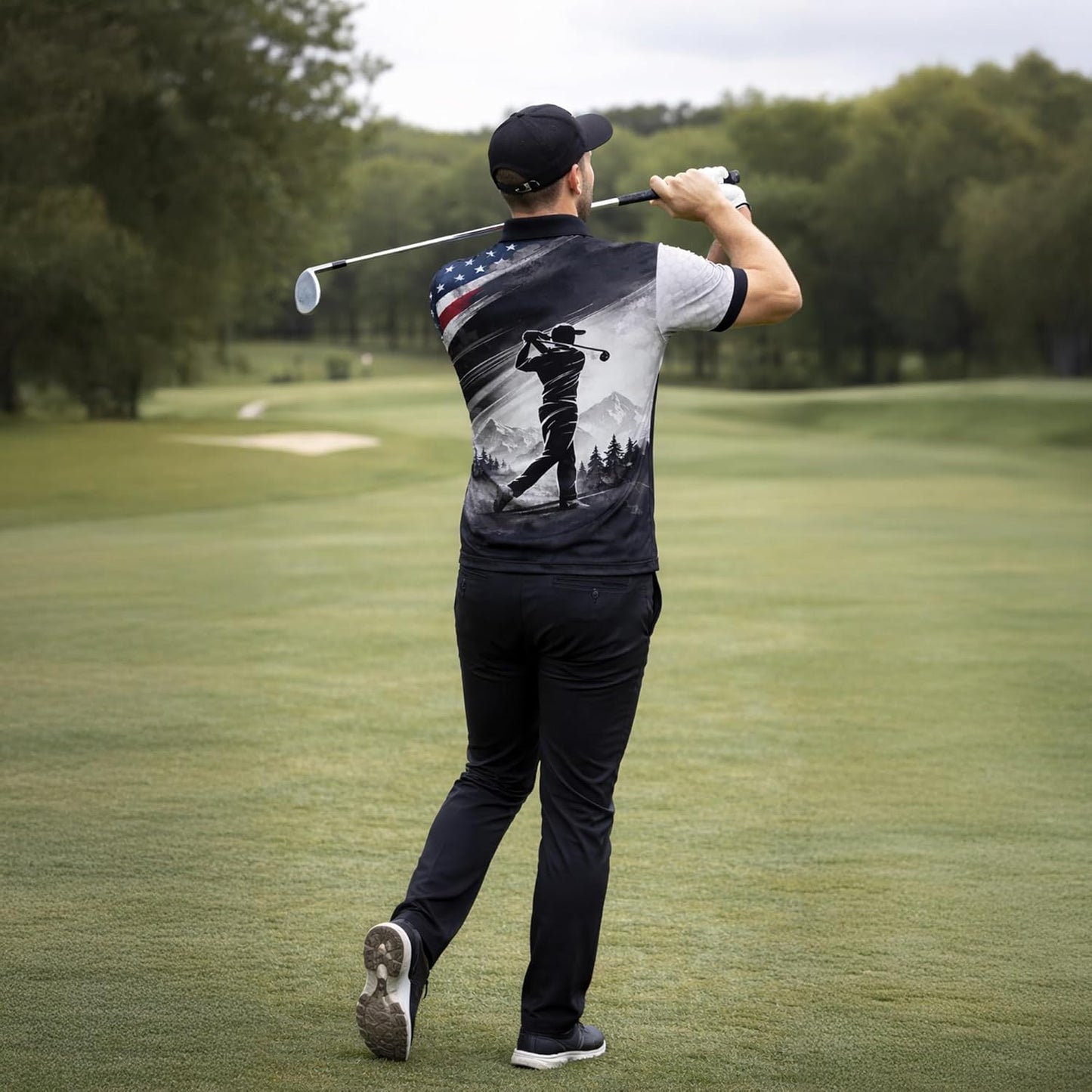 American Flag Golf Polo Shirt Eagle Patriotic Custom Name Golf Shirt Performance Polo for Men