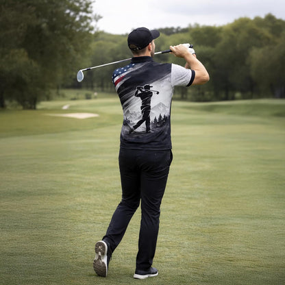 American Flag Golf Polo Shirt Eagle Patriotic Custom Name Golf Shirt Performance Polo for Men