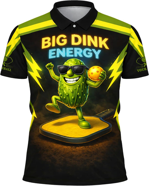 Big Dink Energy Pickleball Polo Shirt Funny Pickle Character Performance Sports Polo for Men Women Black