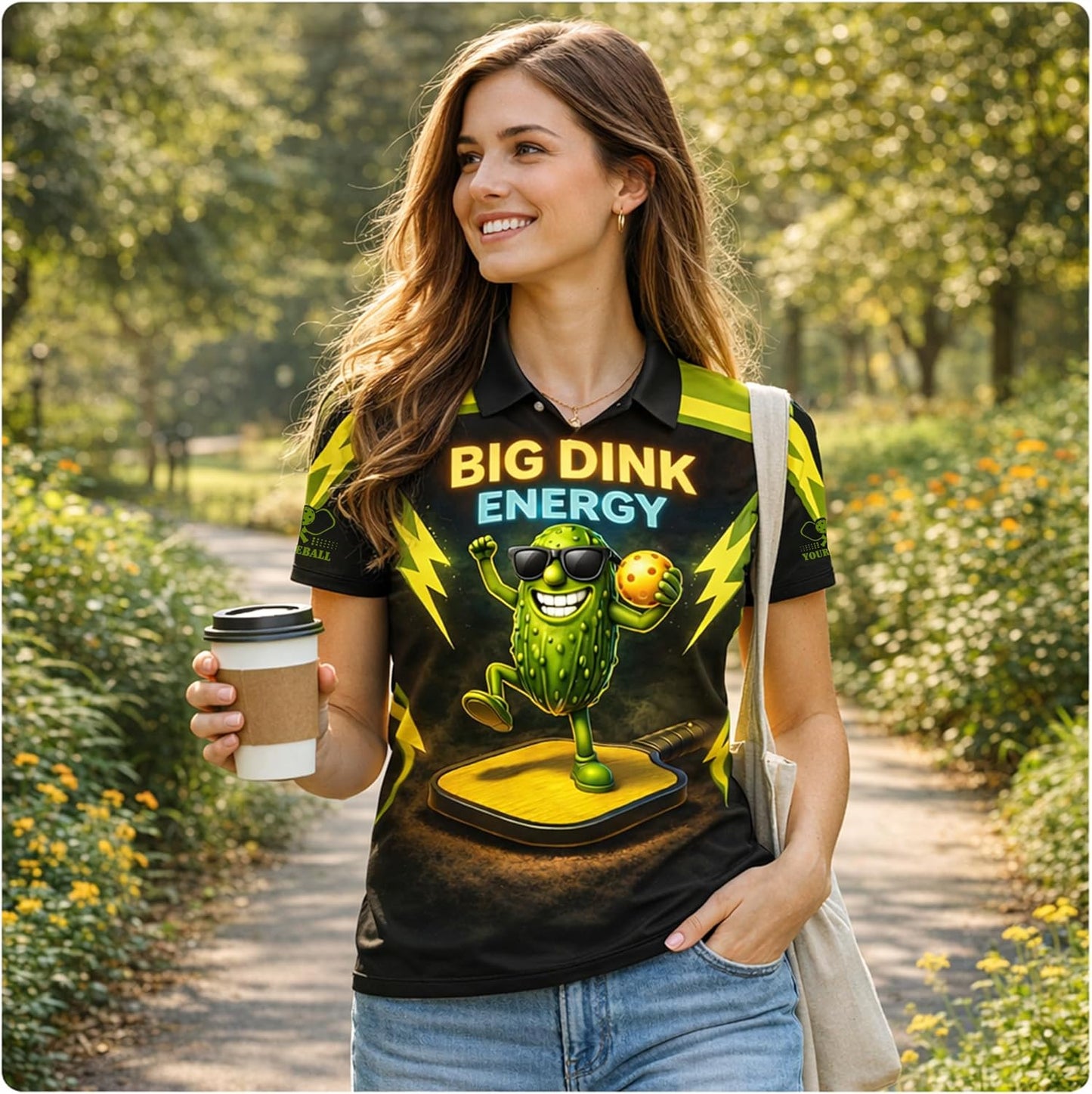 Big Dink Energy Pickleball Polo Shirt Funny Pickle Character Performance Sports Polo for Men Women Black