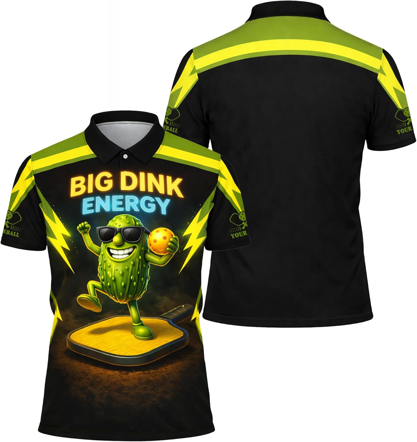 Big Dink Energy Pickleball Polo Shirt Funny Pickle Character Performance Sports Polo for Men Women Black
