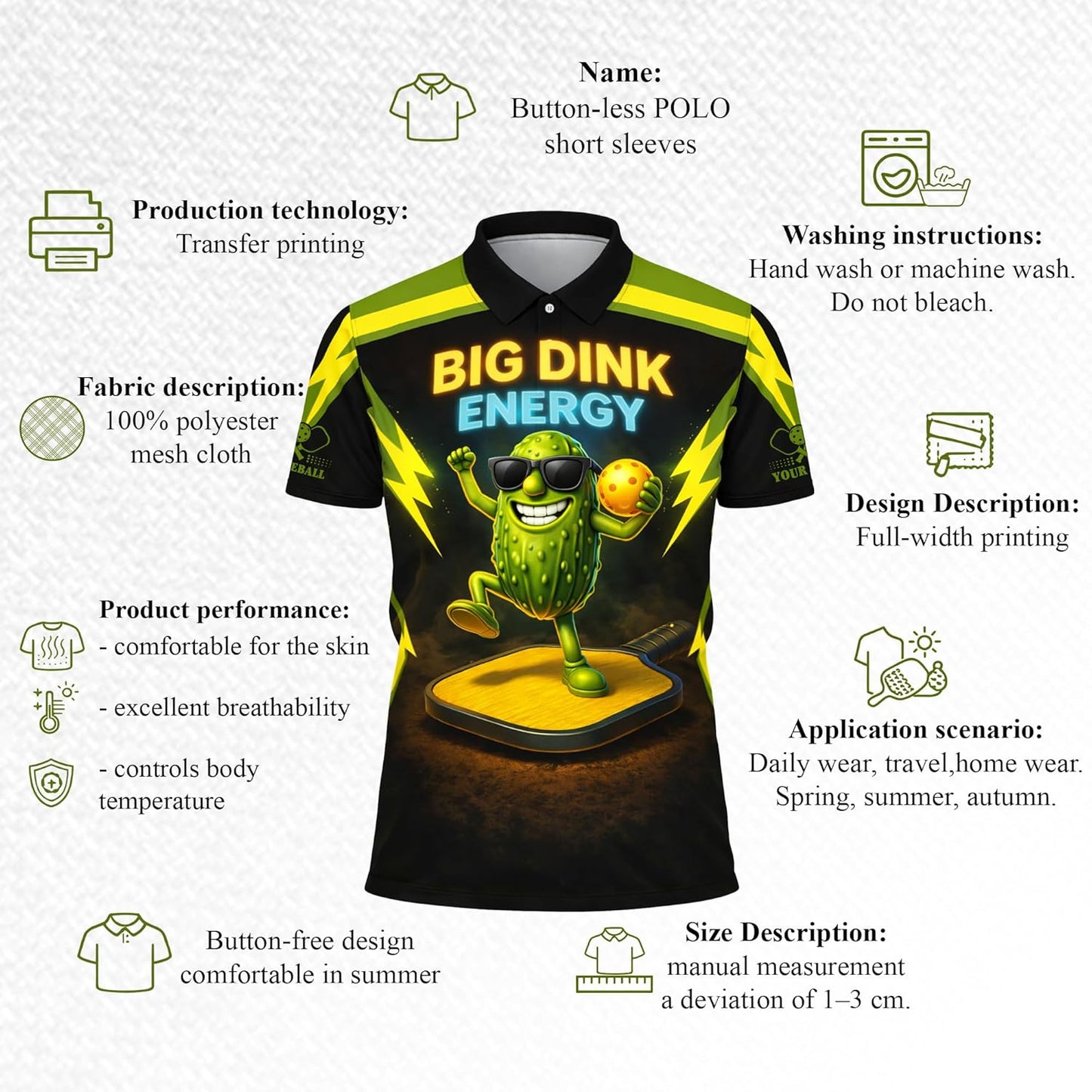 Big Dink Energy Pickleball Polo Shirt Funny Pickle Character Performance Sports Polo for Men Women Black