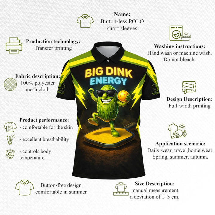 Big Dink Energy Pickleball Polo Shirt Funny Pickle Character Performance Sports Polo for Men Women Black