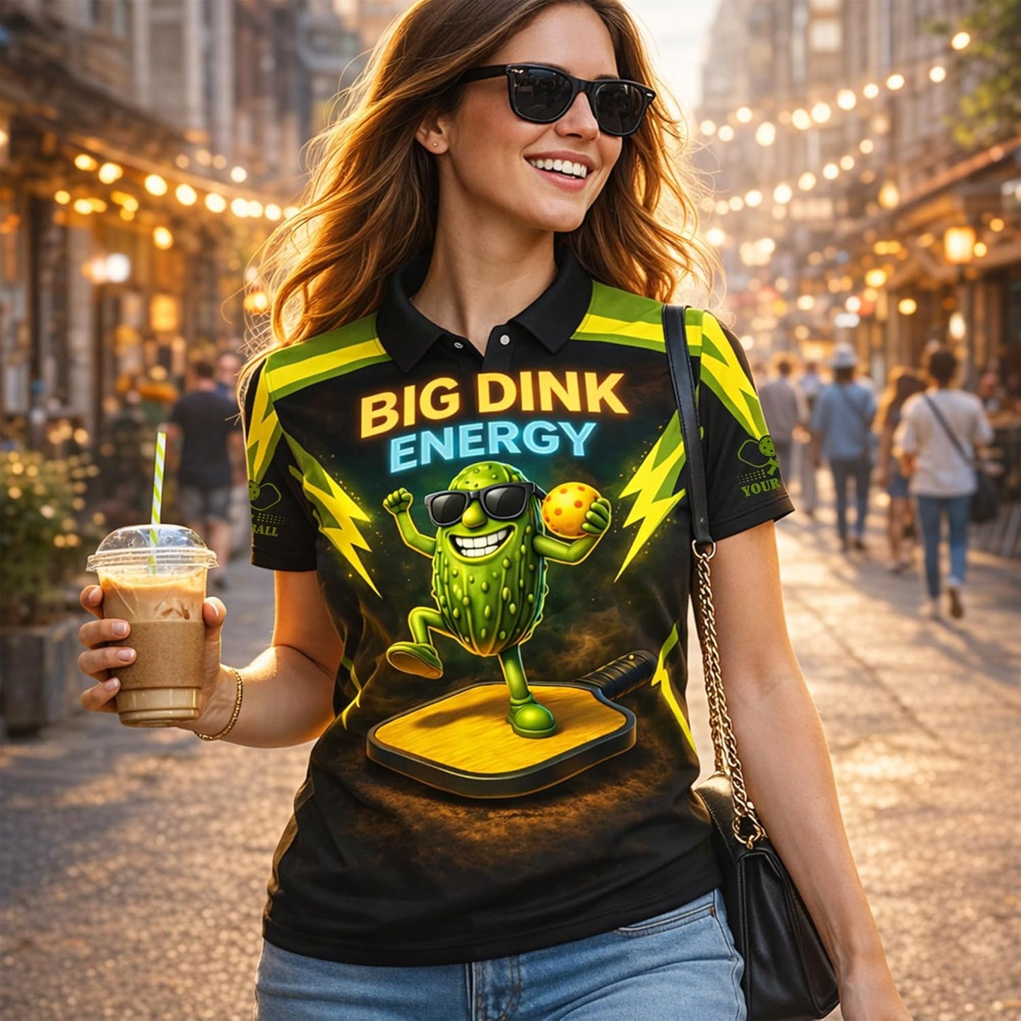 Big Dink Energy Pickleball Polo Shirt Funny Pickle Character Performance Sports Polo for Men Women Black