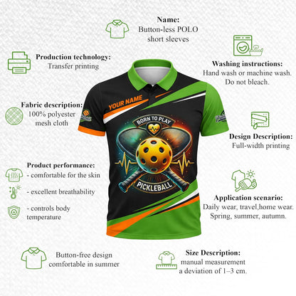 Born to Play Pickleball Polo Shirt Custom Name Performance Pickleball Shirt for Men Women Black