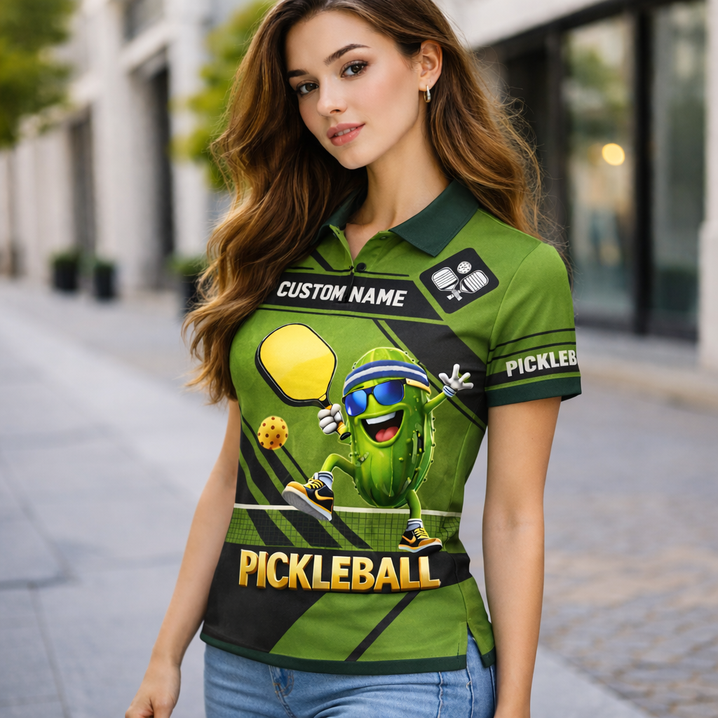 Pickleball Polo Shirt with Personalized Name, Green Short Sleeve Athletic Polo, 100% Polyester Mesh, Full-Width Print Design