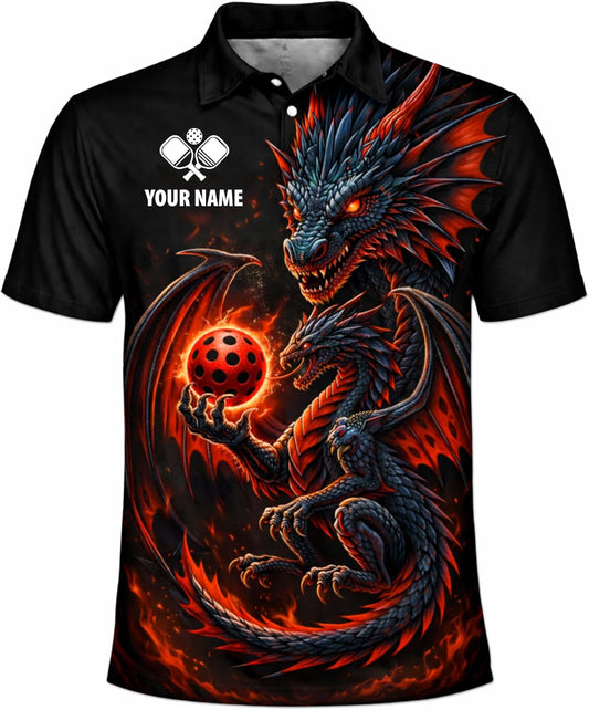 Custom Dragon Pickleball Polo Shirt Personalized Name Team Pickleball Shirt 3D Fire Dragon Design Black