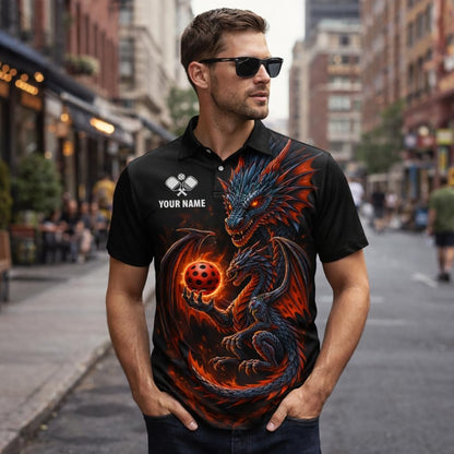 Custom Dragon Pickleball Polo Shirt Personalized Name Team Pickleball Shirt 3D Fire Dragon Design Black