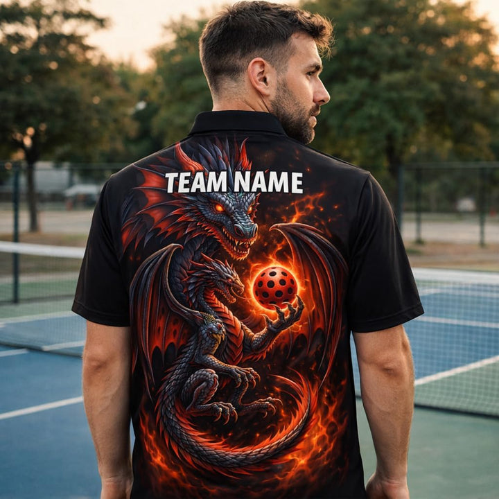 Custom Dragon Pickleball Polo Shirt Personalized Name Team Pickleball Shirt 3D Fire Dragon Design Black