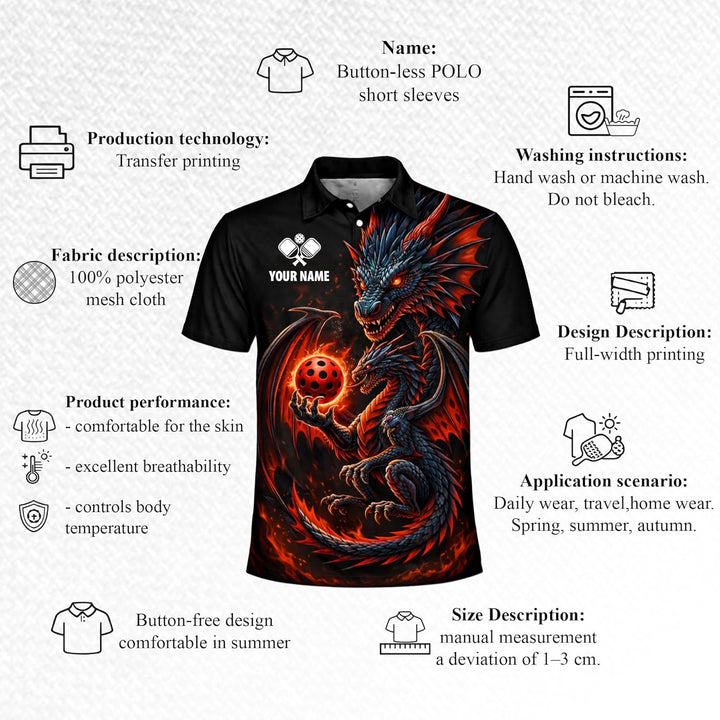 Custom Dragon Pickleball Polo Shirt Personalized Name Team Pickleball Shirt 3D Fire Dragon Design Black